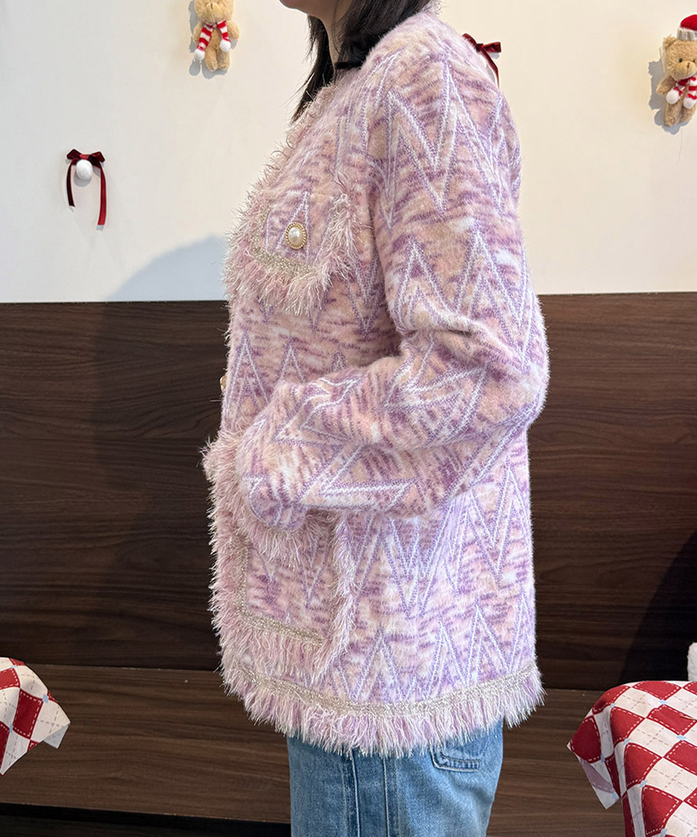 ネイビーコーデ ラメツイード風ふわふわカジュアルジャケットレディース