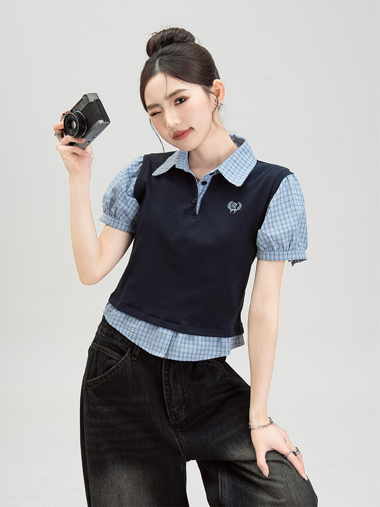 ネイビーコーデ ネイビーコーデ 格子柄袖付きベスト風トップス