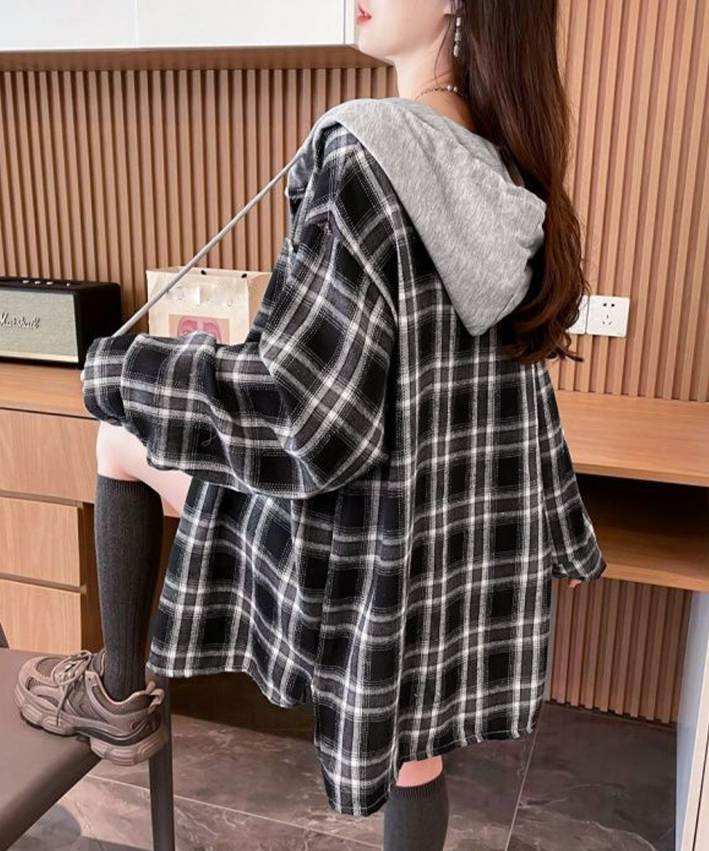 ネイビーコーデ チェック柄フード付きシャツアウター レディース秋冬