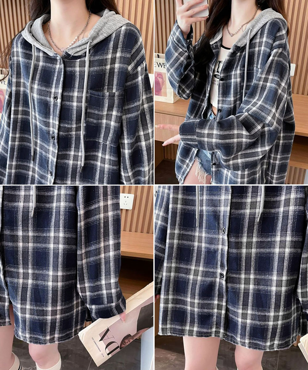 ネイビーコーデ チェック柄フード付きシャツアウター レディース秋冬