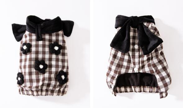 ネイビーコーデ ペット服 上品なチェック柄リボン付き防寒ワンピース