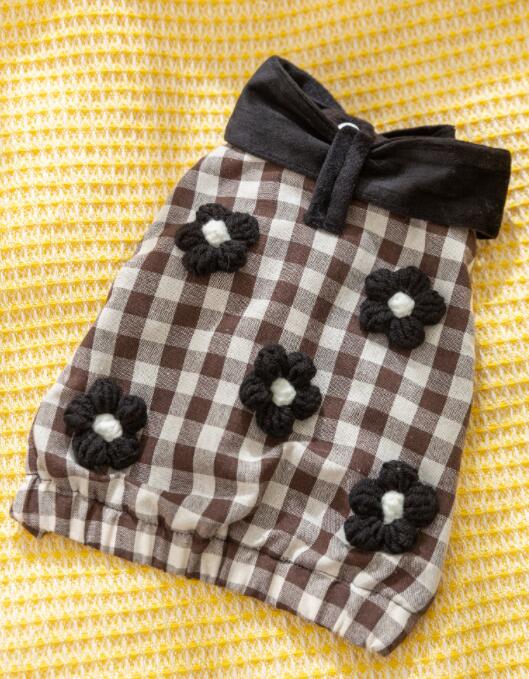 ネイビーコーデ ペット服 上品なチェック柄リボン付き防寒ワンピース