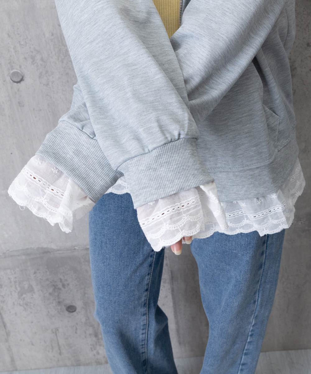 ネイビーコーデ レース切り替え前開きトップス韓国風ゆったりパーカー