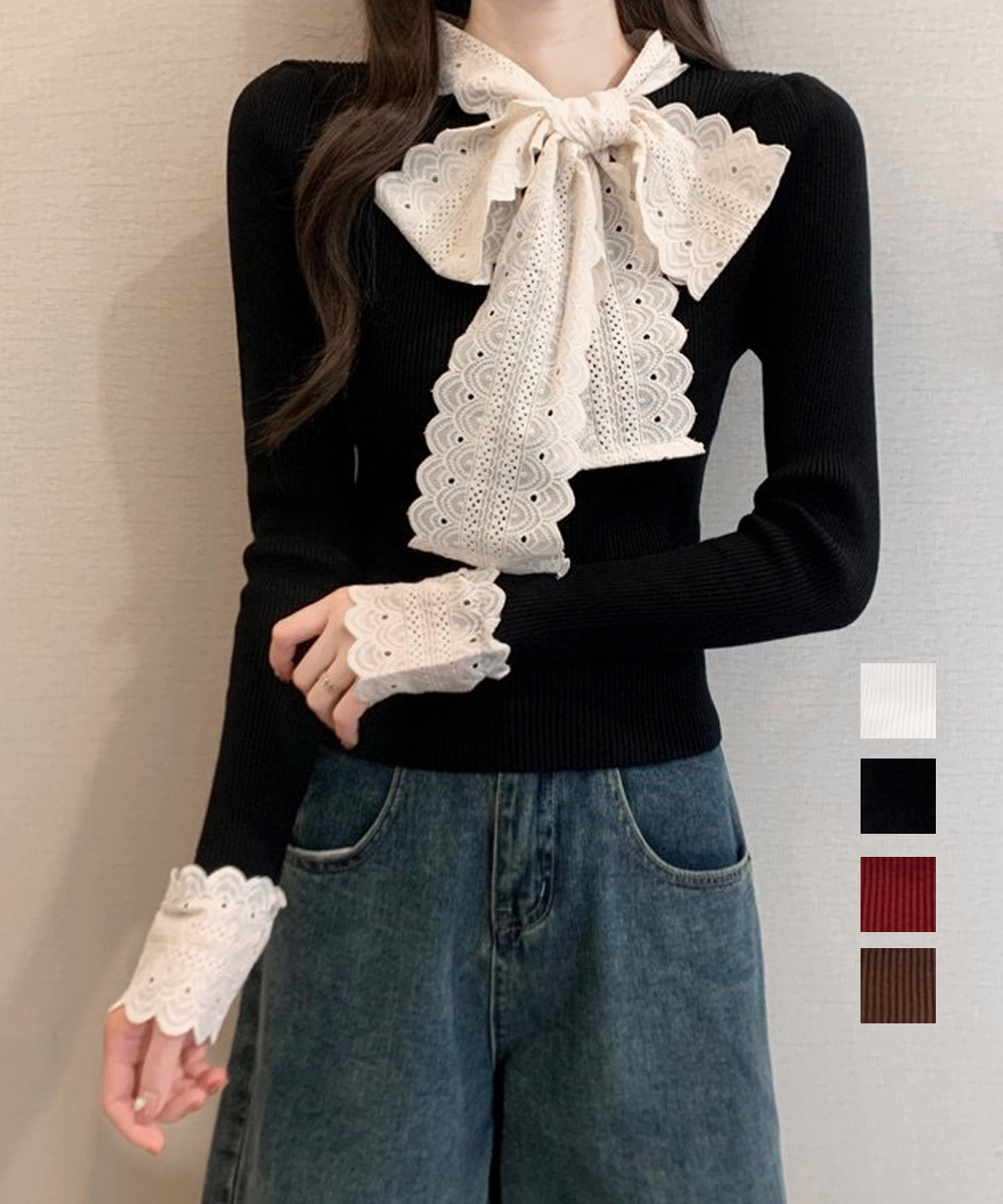 ネイビーコーデ 刺繍レース襟タイ付きトップス長袖リブニット