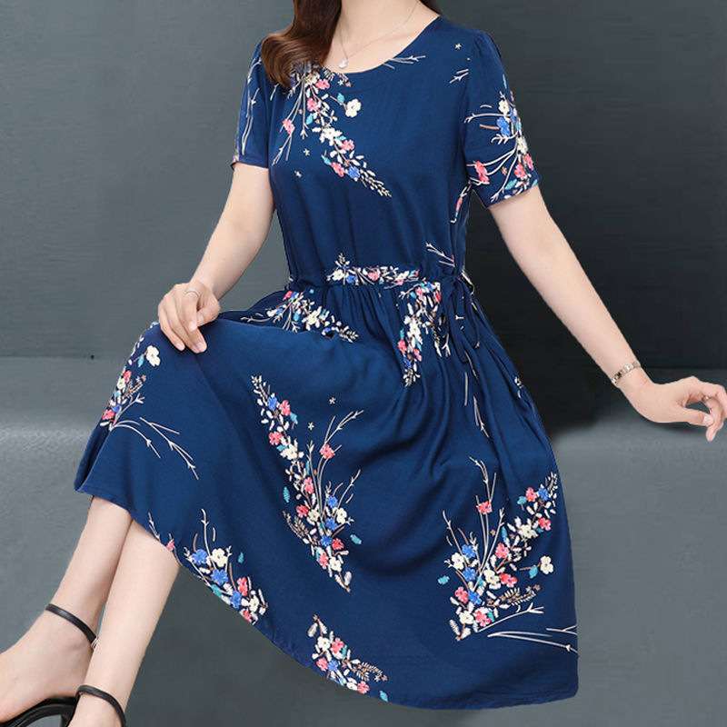 ネイビーコーデ 花柄シフォンギャザーワンピース