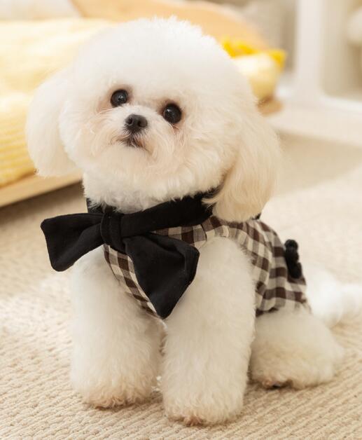 ネイビーコーデ ペット服 上品なチェック柄リボン付き防寒ワンピース