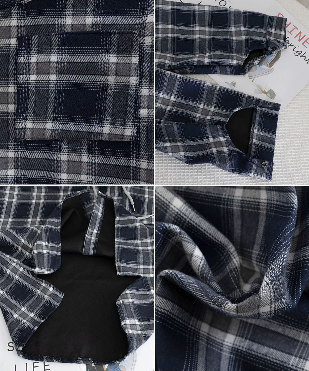 ネイビーコーデ チェック柄フード付きシャツアウター レディース秋冬