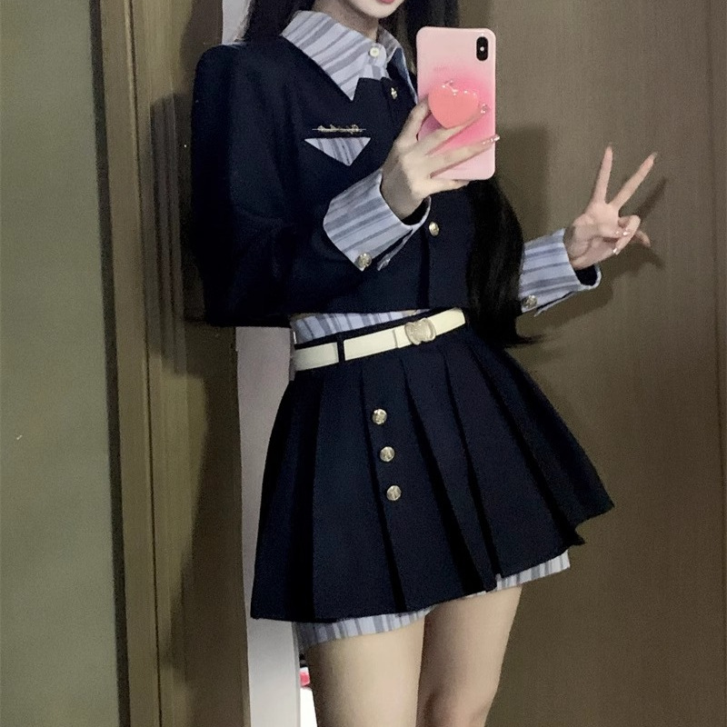 ネイビーコーデ 清楚学園制服コスセットアップ