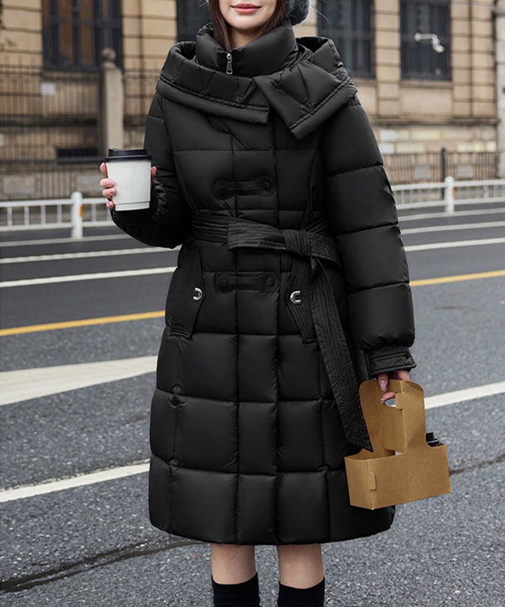 ネイビーコーデ フード付き中綿ロング丈防寒アウター