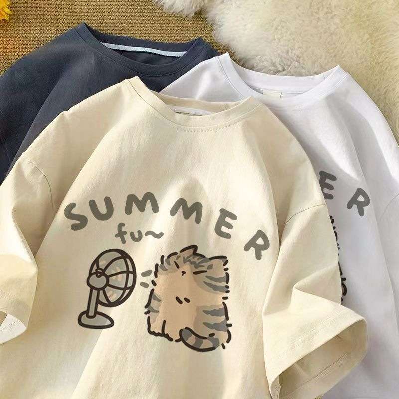 ネイビーファッション ねこさんと扇風機の涼やかTシャツ