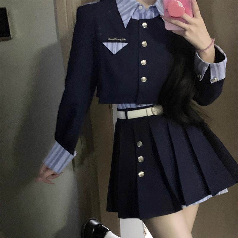 ネイビーコーデ 清楚学園制服コスセットアップ
