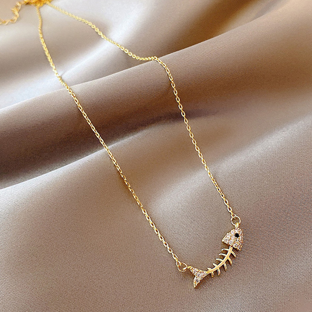 ネックレスチェーン 魚の骨モチーフ ラインストーン ネックレス 金色