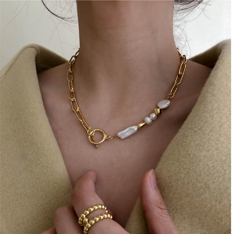 ネックレスチェーン 真珠付きゴールドチェーンネックレス 韓国風デザイン