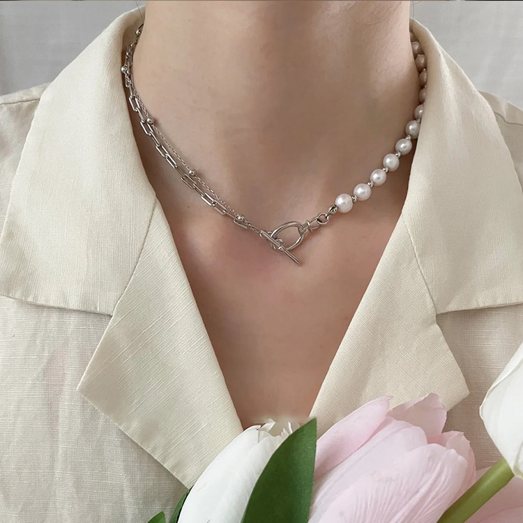 ネックレスチェーン 真珠と金属チェーンの不規則デザインネックレス