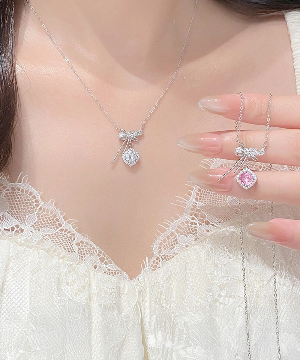リボンモチーフネックレスチェーン レディース華奢ストーン