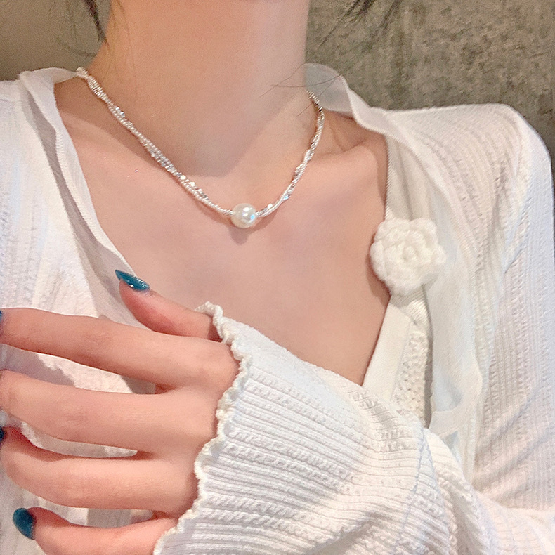 真珠飾り付きシルバーネックレスチェーン