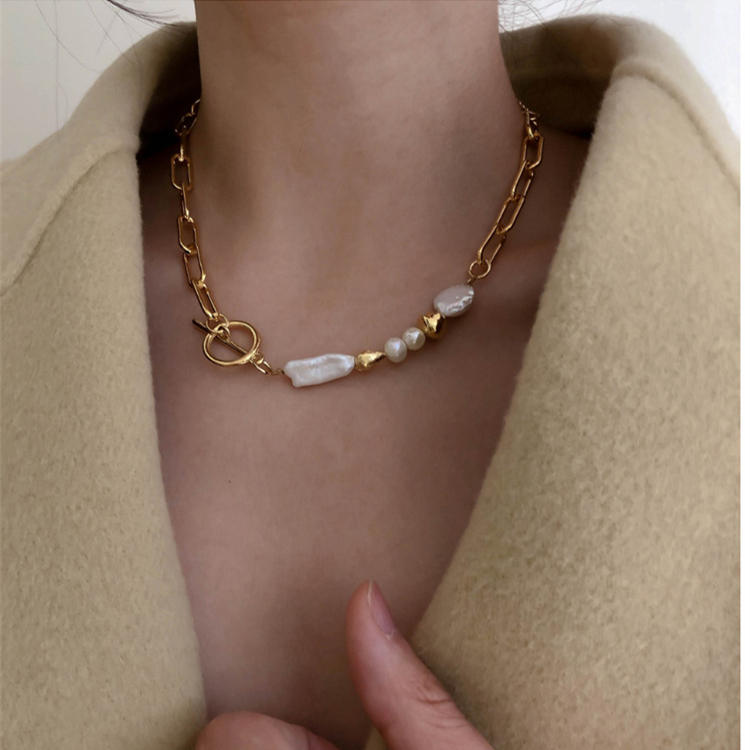 ネックレスチェーン 真珠付きゴールドチェーンネックレス 韓国風デザイン