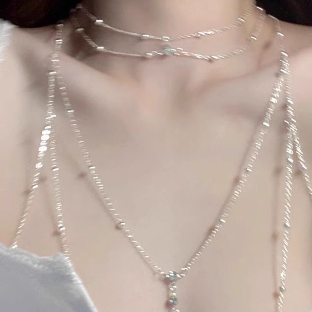 ネックレスチェーン 多層重ね付け風輝きシルバーネックレスチェーンセット