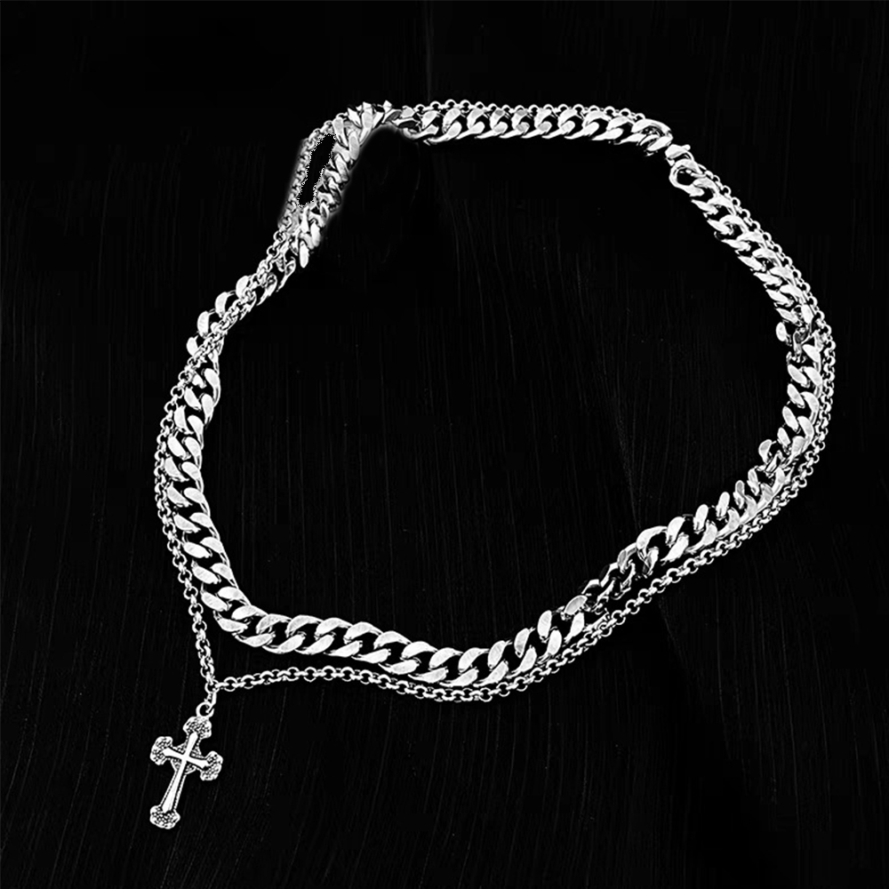 ネックレスチェーン 二重チェーン十字架ペンダント付きネックレス