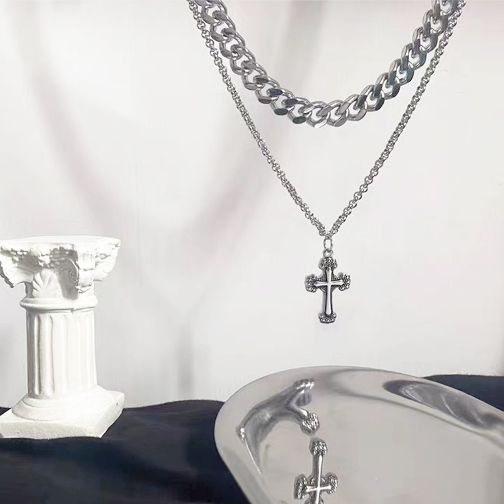 ネックレスチェーン 二重チェーン十字架ペンダント付きネックレス