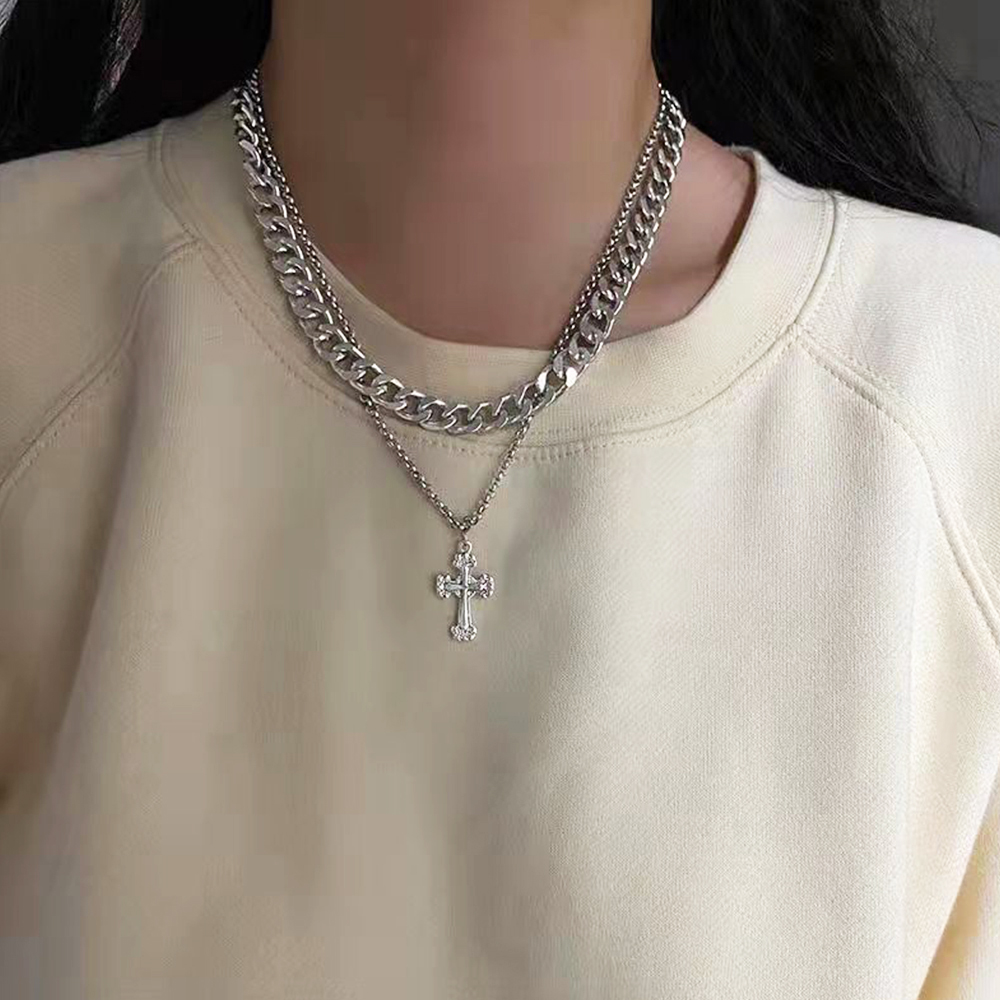 ネックレスチェーン 二重チェーン十字架ペンダント付きネックレス