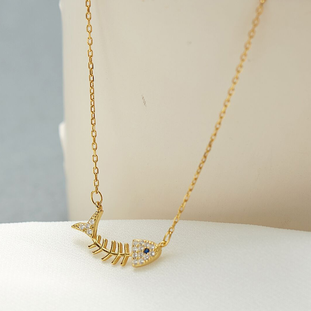 ネックレスチェーン 魚の骨モチーフ ラインストーン ネックレス 金色