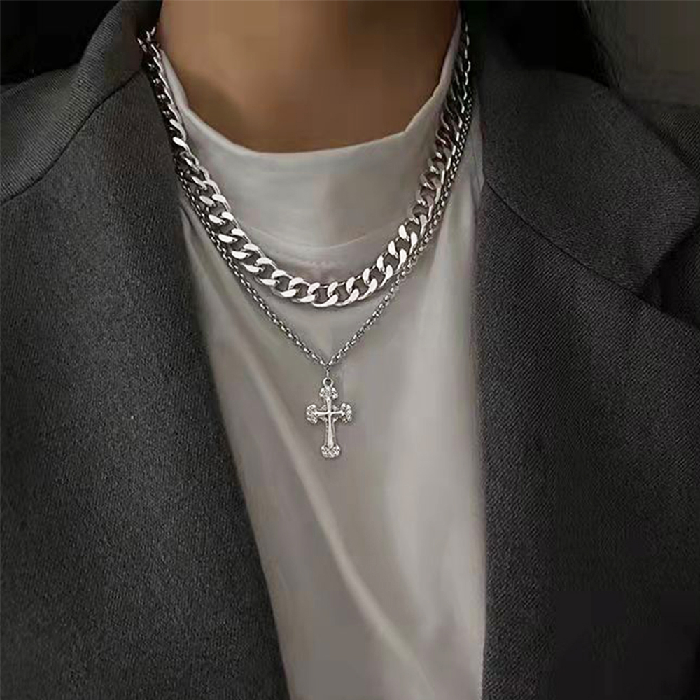 ネックレスチェーン 二重チェーン十字架ペンダント付きネックレス