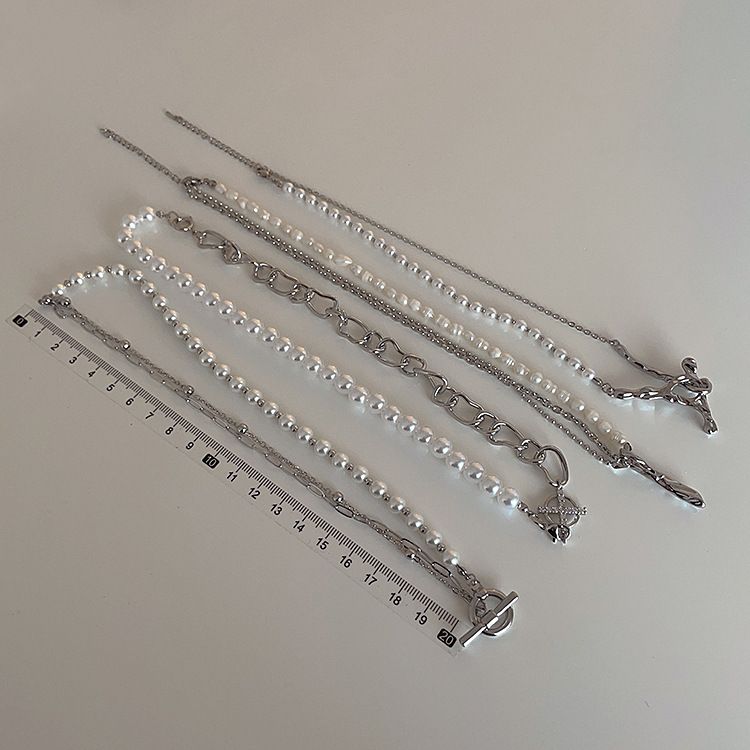 ネックレスチェーン 真珠と金属チェーンの不規則デザインネックレス