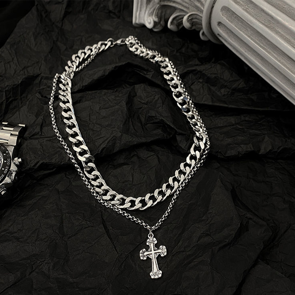 ネックレスチェーン 二重チェーン十字架ペンダント付きネックレス
