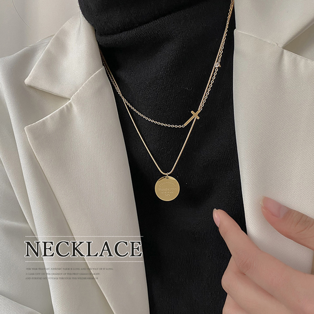ネックレスチェーン 二連チェーンネックレス クロス付き円形プレート