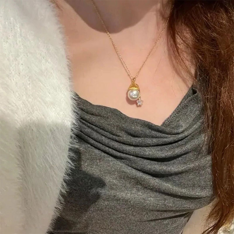 パール風チャーム付き金色ネックレスチェーン女性用