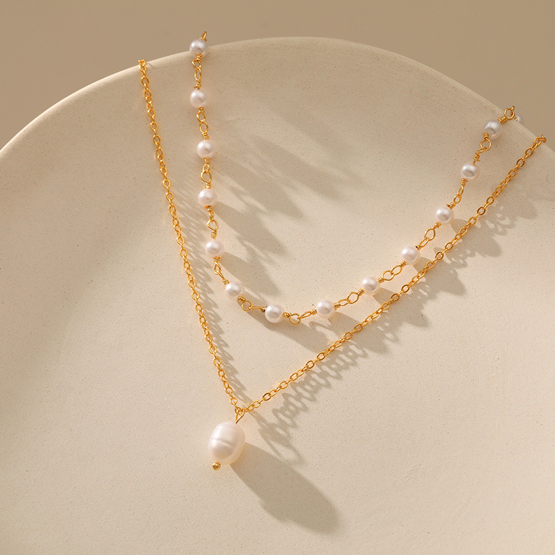 重ね付け風パールネックレスチェーン二連セット