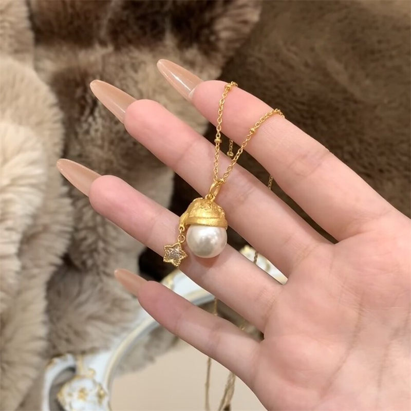パール風チャーム付き金色ネックレスチェーン女性用