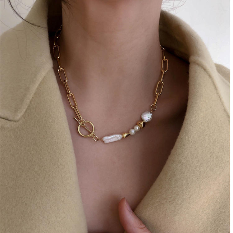 ネックレスチェーン 真珠付きゴールドチェーンネックレス 韓国風デザイン