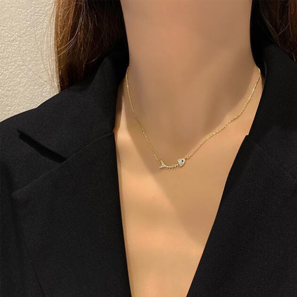 ネックレスチェーン 魚の骨モチーフ ラインストーン ネックレス 金色