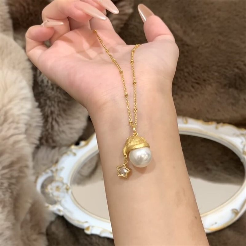 パール風チャーム付き金色ネックレスチェーン女性用