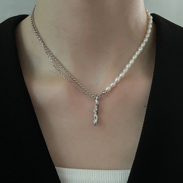 ネックレスチェーン 真珠と金属チェーンの不規則デザインネックレス