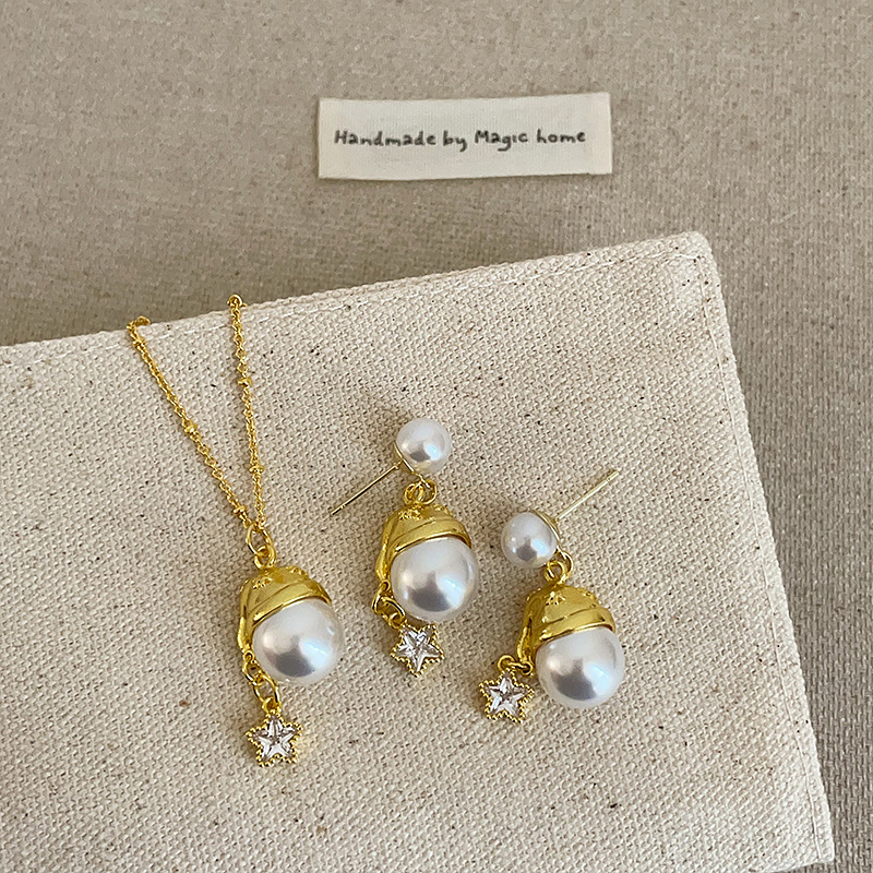 パール風チャーム付き金色ネックレスチェーン女性用