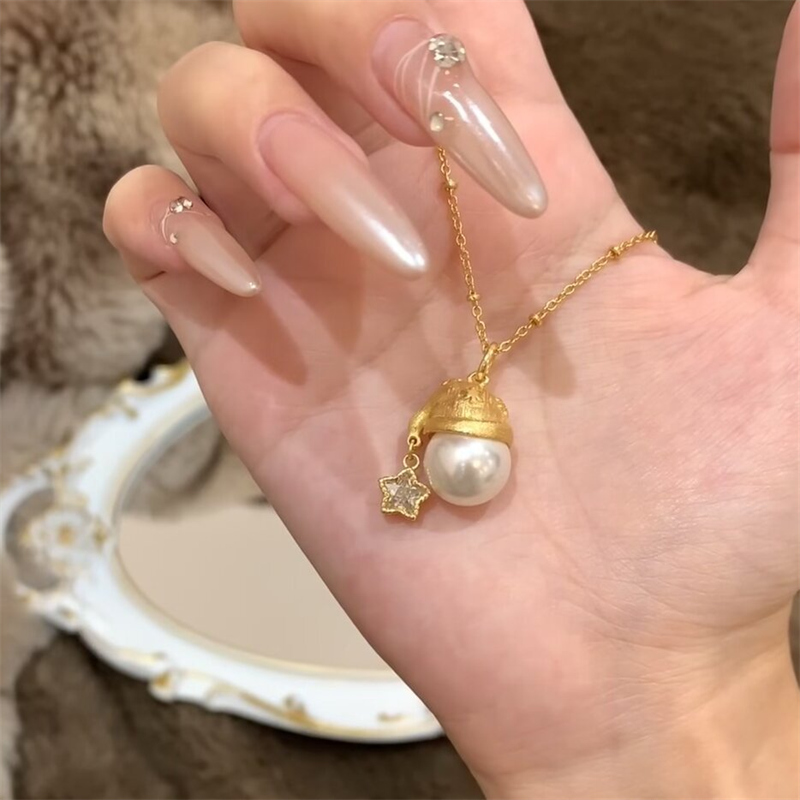 パール風チャーム付き金色ネックレスチェーン女性用