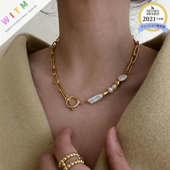 ネックレスチェーン 真珠付きゴールドチェーンネックレス 韓国風デザイン