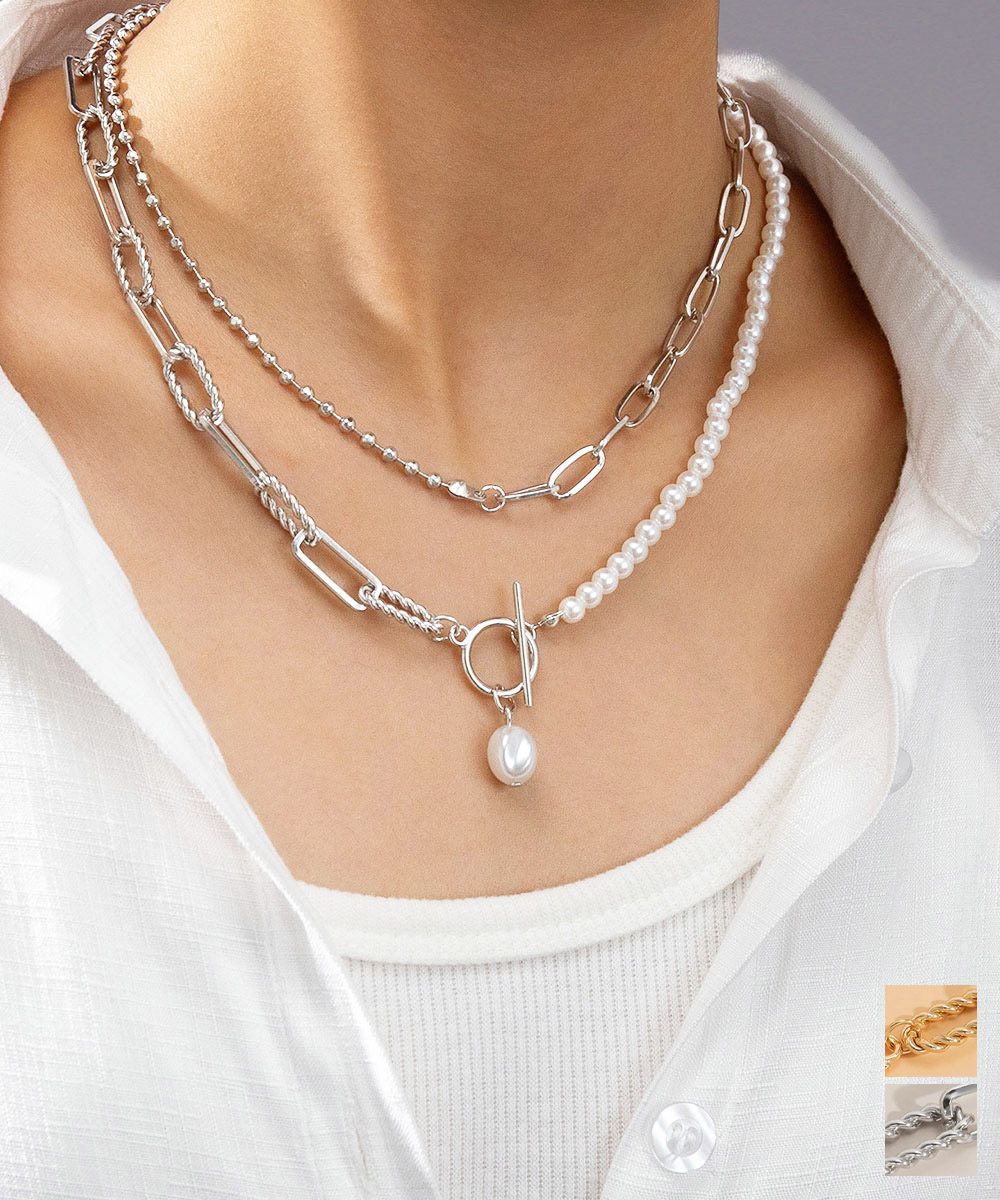 ネックレスチェーン 人工真珠チェーンネックレス 重ね付け二連