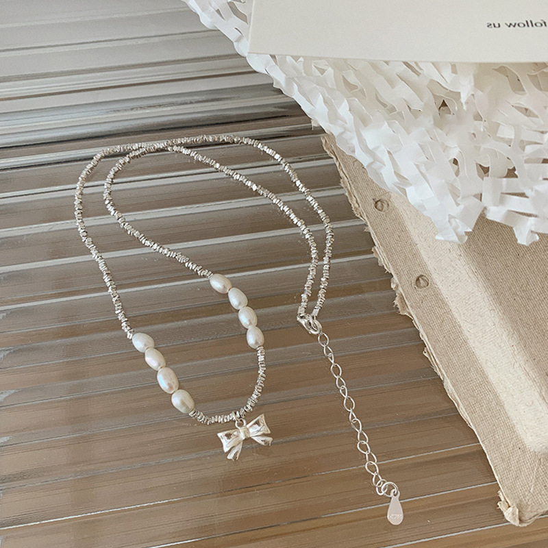 ネックレスチェーン 淡水パール×シルバーチェーン リボンチャーム付きネックレス