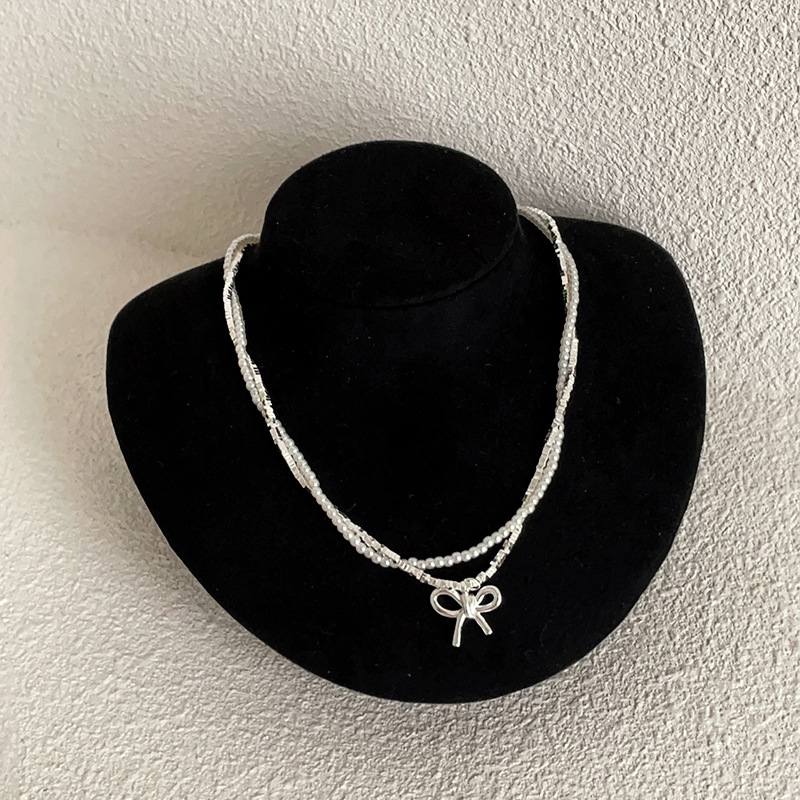 ネックレスチェーン 二連チェーンネックレス リボンチャーム付き鎖骨ネックレス