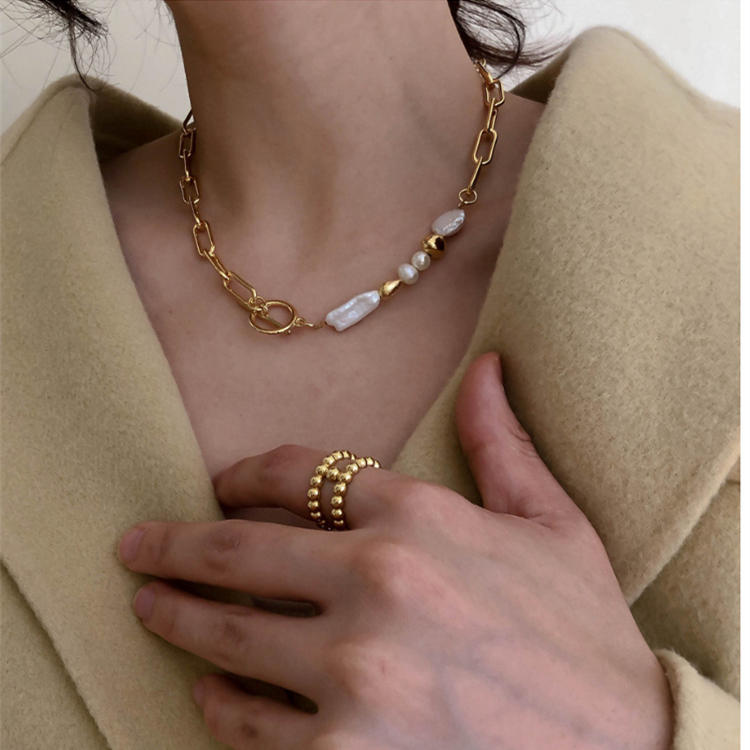 ネックレスチェーン 真珠付きゴールドチェーンネックレス 韓国風デザイン