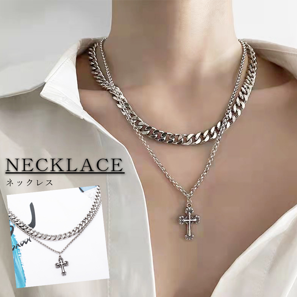 ネックレスチェーン 二重チェーン十字架ペンダント付きネックレス