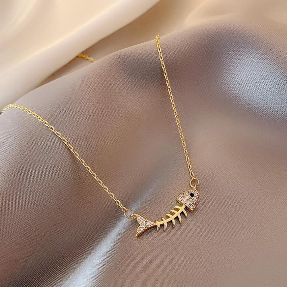ネックレスチェーン 魚の骨モチーフ ラインストーン ネックレス 金色
