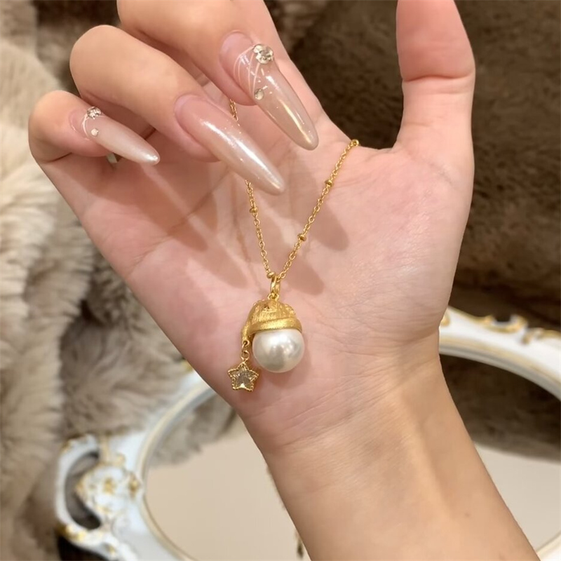 パール風チャーム付き金色ネックレスチェーン女性用