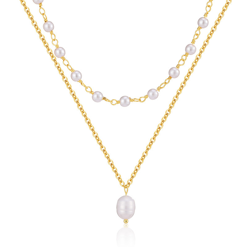 重ね付け風パールネックレスチェーン二連セット