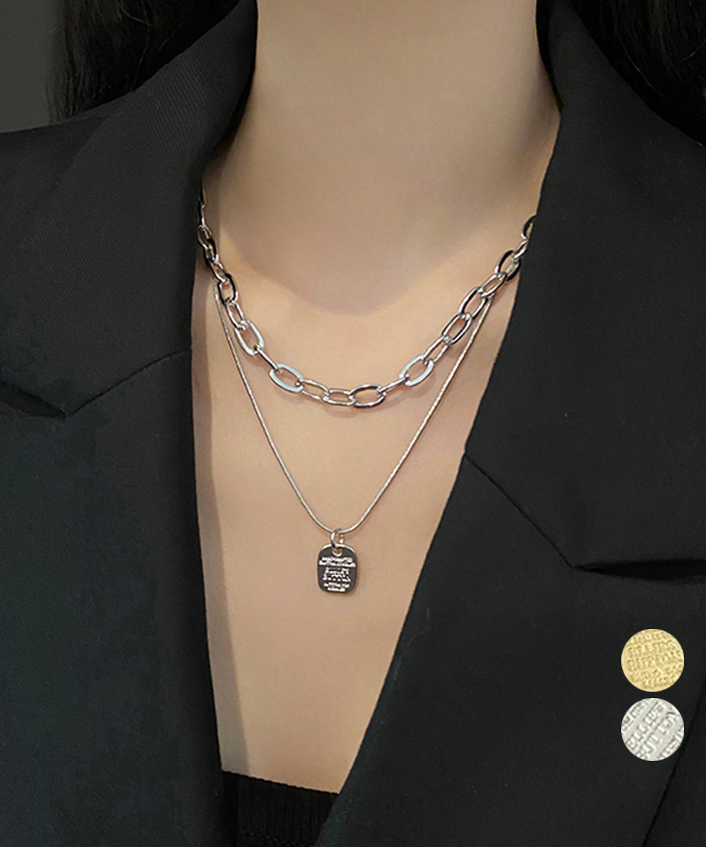 ネックレスチェーン 二連チェーンネックレス プレート付き重ね着け風