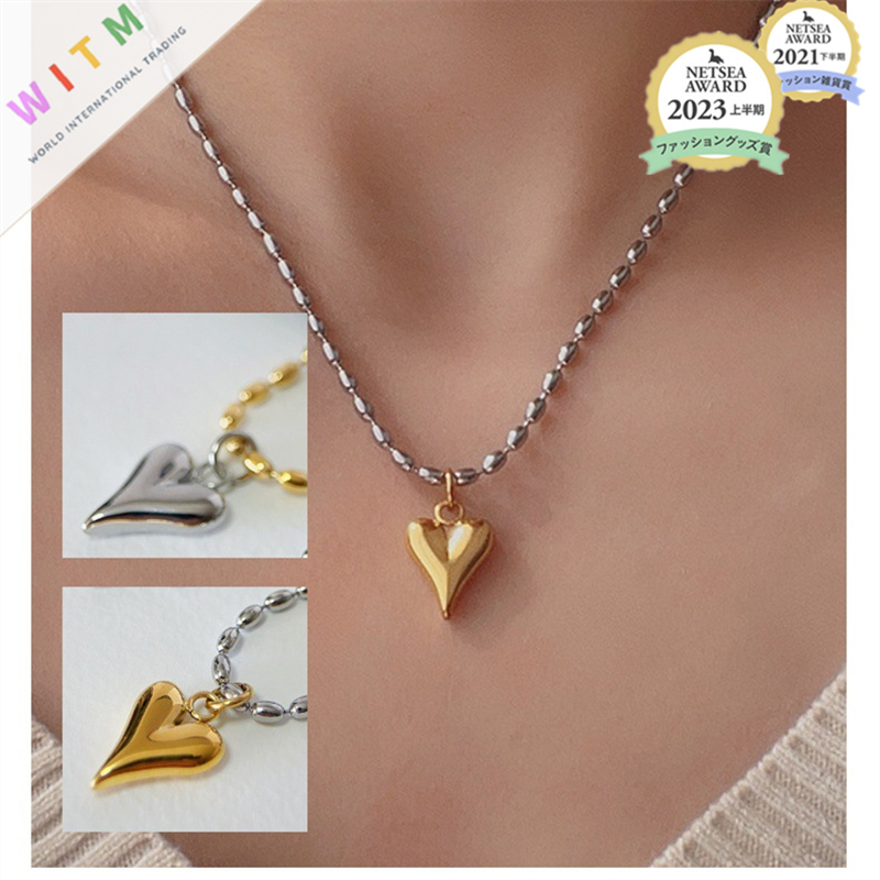 ハート型チャーム付きビーズネックレスチェーン